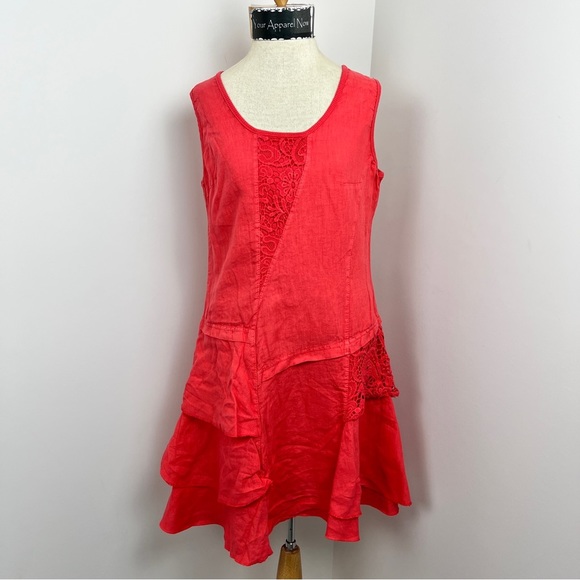 Dresses & Skirts - Coral Red Sleeveless Knee Length Flowy Linen Embroidered detail Dress size XL347